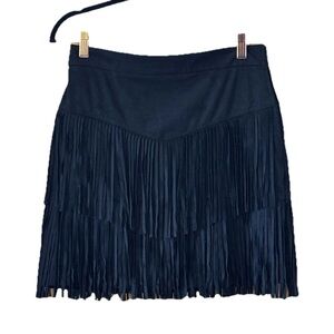 NWT Alya Black Layered Suede Fringe Mini Skirt, Size M